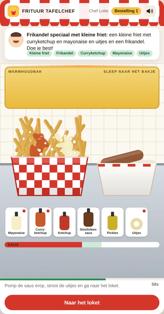 Het frietspel: de friet in het bakje doen en er saus op spuiten